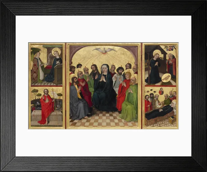 Framed Print : Retable of the Holy Spirit (open). Pentecost, Annunciation, Nativity, Resurrection of Christ and Death of the Virgin, c. 1448. Artist: Workshop of the Wolfgang Retable (ca 1448-1449) Framed Print : Retable of the Holy Spirit (open). Pentecost, Annunciation, Nativity, Resurrection of Christ and Death of the Virgin, c. 1448. Artist: Workshop of the Wolfgang Retable (ca 1448-1449)