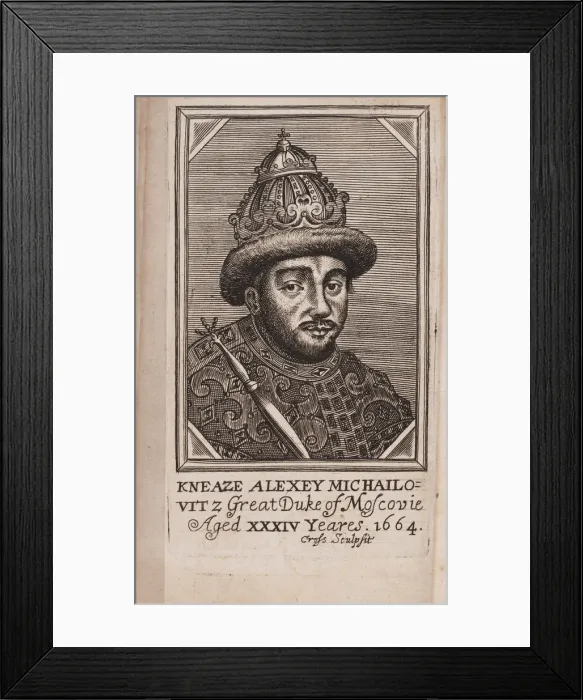 Framed Print : Portrait of the Tsar Alexis I Mikhailovich of Russia (1629-1676) From: The Present State of Russia by Samuel Collins, 1664. Artist: Anonymous Framed Print : Portrait of the Tsar Alexis I Mikhailovich of Russia (1629-1676) From: The Present State of Russia by Samuel Collins, 1664. Artist: Anonymous