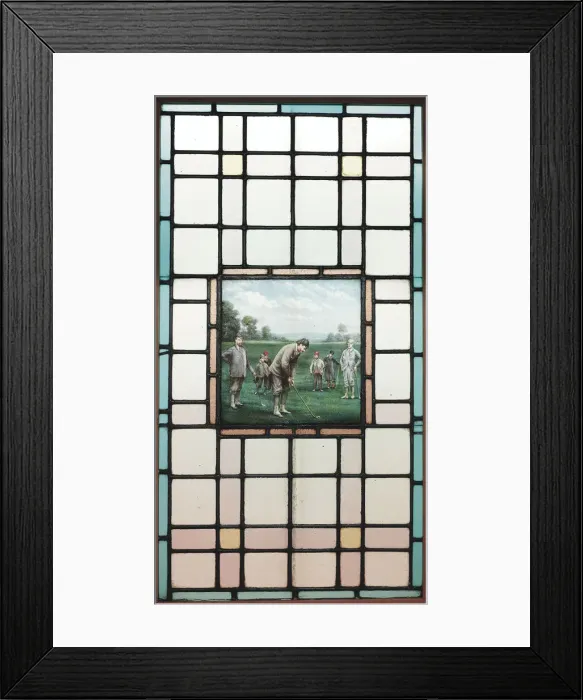 Framed Print : A Late Victorian Leaded Glass Window With The Golfers, c. 1890. Artist: Brock, Charles Edmund (1870-1938) Framed Print : A Late Victorian Leaded Glass Window With The Golfers, c. 1890. Artist: Brock, Charles Edmund (1870-1938)