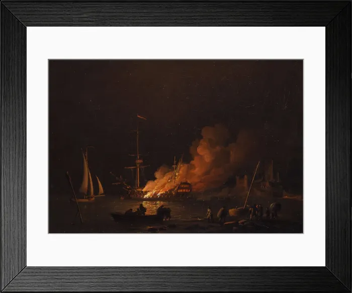 Framed Print : Ship on fire at night, ca 1756. Artist: Brooking, Charles (1723-1759) Framed Print : Ship on fire at night, ca 1756. Artist: Brooking, Charles (1723-1759)