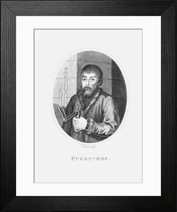 Framed Print : Yemelyan I. Pugachev (Travels in Poland, Russia, Sweden, and Denmark by William Coxe), 1802. Artist: Anonymous Framed Print : Yemelyan I. Pugachev (Travels in Poland, Russia, Sweden, and Denmark by William Coxe), 1802. Artist: Anonymous