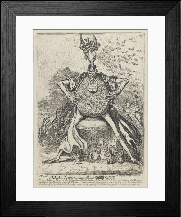 Framed Print : Midas, Transmuting all into Gold Paper, 1797. Artist: Gillray, James (1757-1815) Framed Print : Midas, Transmuting all into Gold Paper, 1797. Artist: Gillray, James (1757-1815)