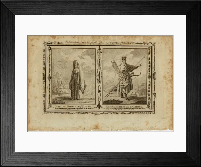Framed Print : Habits of a Moscovite Woman and Arms and Dress of a Kalmyk, ca 1730. Artist: Grainger, William (active 1784-1793) Framed Print : Habits of a Moscovite Woman and Arms and Dress of a Kalmyk, ca 1730. Artist: Grainger, William (active 1784-1793)