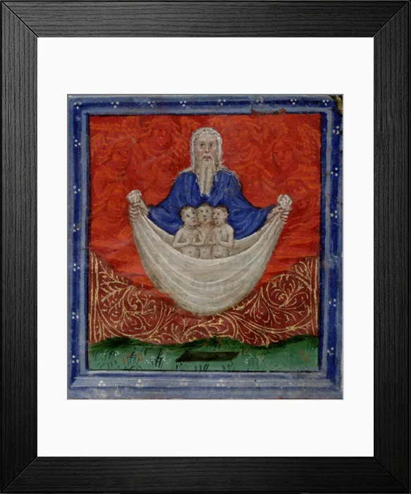Framed Print : God the Father with three souls, being raised from the dead (Book of Hours), c. 1410. Artist: Scheerre, Herman (active c. 1405-1425)