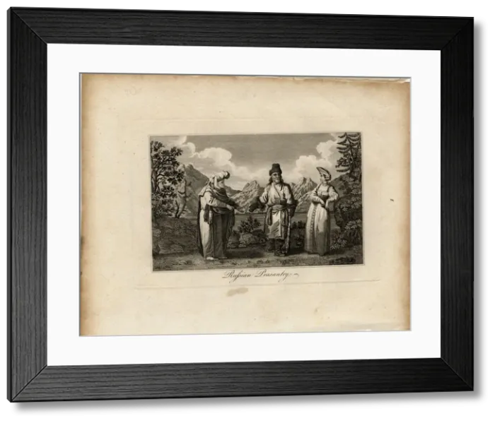 Framed Print : Russian Peasant Dresses, ca 1775. Artist: Tookey, James (active End of 18th cen. ) Framed Print : Russian Peasant Dresses, ca 1775. Artist: Tookey, James (active End of 18th cen. )