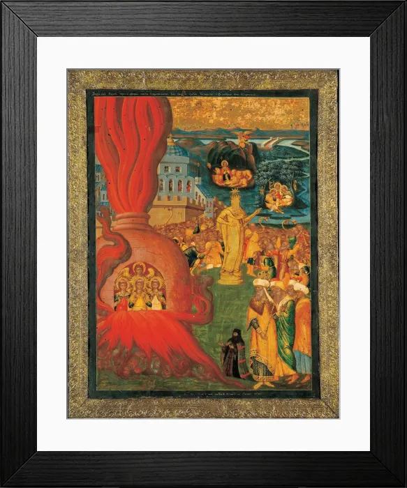 Framed Print : The Three Young Men in the Fiery Furnace, 17th century. Artist: Adrianoupolitis, Konstantinos (active 17th century) Framed Print : The Three Young Men in the Fiery Furnace, 17th century. Artist: Adrianoupolitis, Konstantinos (active 17th century)