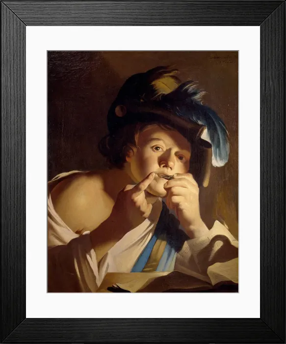 Framed Print : Young man with jews harp, 1621. Artist: Baburen, Dirck (Theodor), van (1595-1624) Framed Print : Young man with jews harp, 1621. Artist: Baburen, Dirck (Theodor), van (1595-1624)