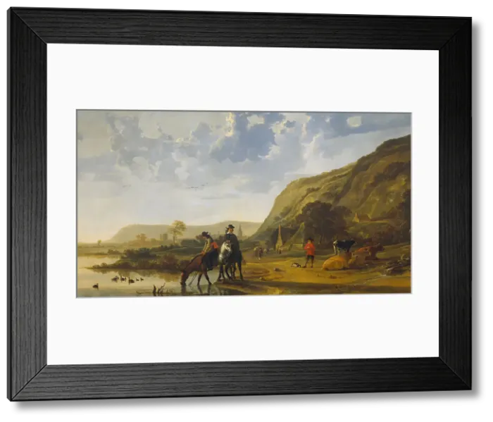 Framed Print : River landscape with riders, 1655. Artist: Cuyp, Aelbert (1620-1691) Framed Print : River landscape with riders, 1655. Artist: Cuyp, Aelbert (1620-1691)