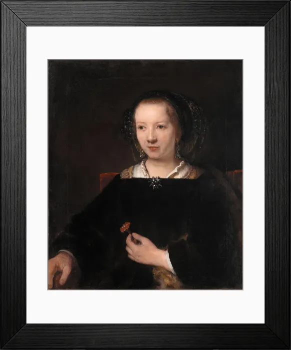 Framed Print : Young Woman with a Carnation, 1656. Artist: Rembrandt van Rhijn, (School) Framed Print : Young Woman with a Carnation, 1656. Artist: Rembrandt van Rhijn, (School)