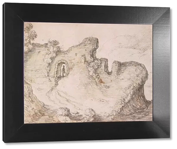 Rocky landscape with ruins, forming the profile of a mans face, c. 1650. Artist: Saftleven, Herman (1609-1685)
