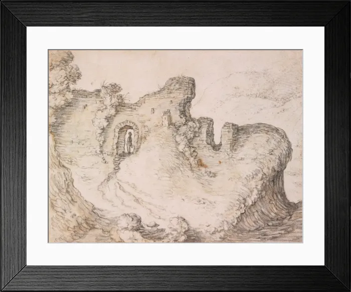 Framed Print : Rocky landscape with ruins, forming the profile of a mans face, c. 1650. Artist: Saftleven, Herman (1609-1685) Framed Print : Rocky landscape with ruins, forming the profile of a mans face, c. 1650. Artist: Saftleven, Herman (1609-1685)