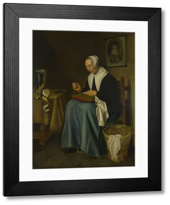 Framed Print : An Old Woman seated sewing, 1655. Artist: Aeck, Johannes van der (1637-1682) Framed Print : An Old Woman seated sewing, 1655. Artist: Aeck, Johannes van der (1637-1682)