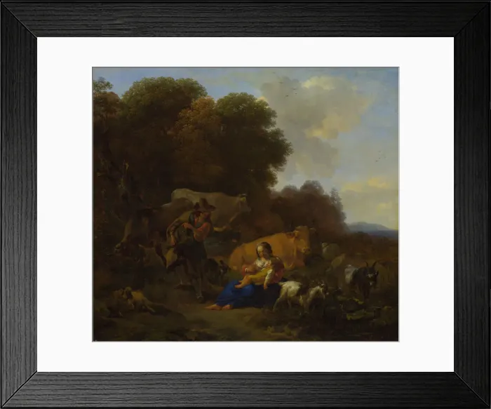 Framed Print : A Peasant playing a Hurdy-Gurdy to a Woman and Child, 1658. Artist: Berchem, Nicolaes (Claes) Pietersz, the Elder (1620-1683) Framed Print : A Peasant playing a Hurdy-Gurdy to a Woman and Child, 1658. Artist: Berchem, Nicolaes (Claes) Pietersz, the Elder (1620-1683)