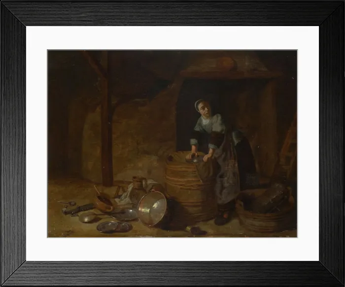 Framed Print : A Woman scouring a Pot, c. 1650-1660. Artist: Bosch, Pieter van den (ca. 1613-1663)