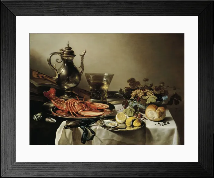 Framed Print : Table with lobster, silver jug, big Berkemeyer, fruit bowl, violin and books, 1641. Artist: Claesz, Pieter (c. 1597-1660) Framed Print : Table with lobster, silver jug, big Berkemeyer, fruit bowl, violin and books, 1641. Artist: Claesz, Pieter (c. 1597-1660)