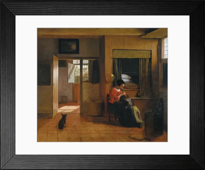 Framed Print : Interior with a Mother delousing her Childs Hair (A Mothers Duty), 1659-1660. Artist: Hooch, Pieter, de (1629-1684) Framed Print : Interior with a Mother delousing her Childs Hair (A Mothers Duty), 1659-1660. Artist: Hooch, Pieter, de (1629-1684)