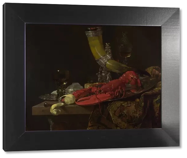 Still Life with the Drinking-Horn of the Saint Sebastian Archers Guild, Lobster and Glasses, c. 1653. Artist: Kalf, Willem (1619-1693)