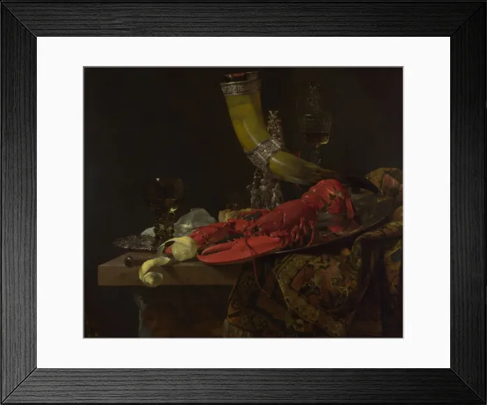 Framed Print : Still Life with the Drinking-Horn of the Saint Sebastian Archers Guild, Lobster and Glasses, c. 1653. Artist: Kalf, Willem (1619-1693) Framed Print : Still Life with the Drinking-Horn of the Saint Sebastian Archers Guild, Lobster and Glasses, c. 1653. Artist: Kalf, Willem (1619-1693)