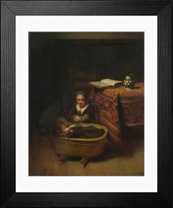 Framed Print : A Little Girl rocking a Cradle, c. 1655. Artist: Maes, Nicolaes (1634-1693)