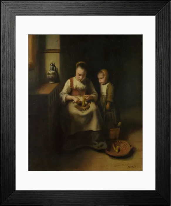 Framed Print : A Woman scraping Parsnips, with a Child standing by her, 1655. Artist: Maes, Nicolaes (1634-1693) Framed Print : A Woman scraping Parsnips, with a Child standing by her, 1655. Artist: Maes, Nicolaes (1634-1693)