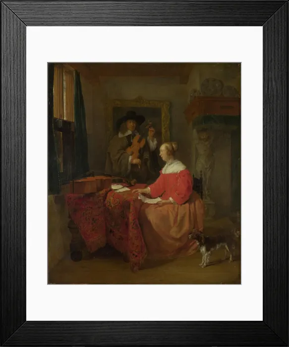 Framed Print : A Woman seated at a Table and a Man tuning a Violin, c. 1657?1658. Artist: Metsu, Gabriel (1629-1667) Framed Print : A Woman seated at a Table and a Man tuning a Violin, c. 1657?1658. Artist: Metsu, Gabriel (1629-1667)