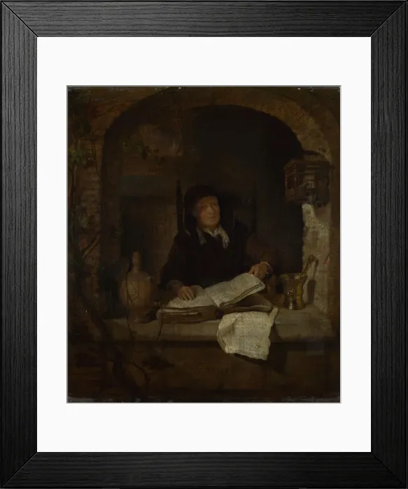 Framed Print : An Old Woman with a Book, c. 1660. Artist: Metsu, Gabriel (1629-1667) Framed Print : An Old Woman with a Book, c. 1660. Artist: Metsu, Gabriel (1629-1667)