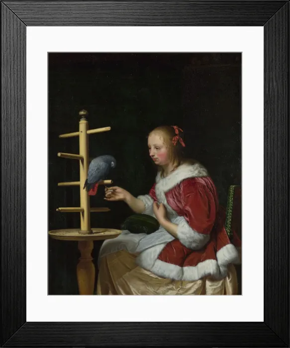Framed Print : A Woman in a Red Jacket feeding a Parrot, ca 1663. Artist: Mieris, Frans van, the Elder (1635-1681) Framed Print : A Woman in a Red Jacket feeding a Parrot, ca 1663. Artist: Mieris, Frans van, the Elder (1635-1681)