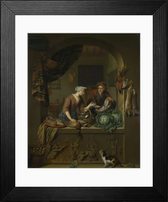 Framed Print : A Woman and a Fish-pedlar in a Kitchen, 1713. Artist: Mieris, Willem van (1662-1747) Framed Print : A Woman and a Fish-pedlar in a Kitchen, 1713. Artist: Mieris, Willem van (1662-1747)