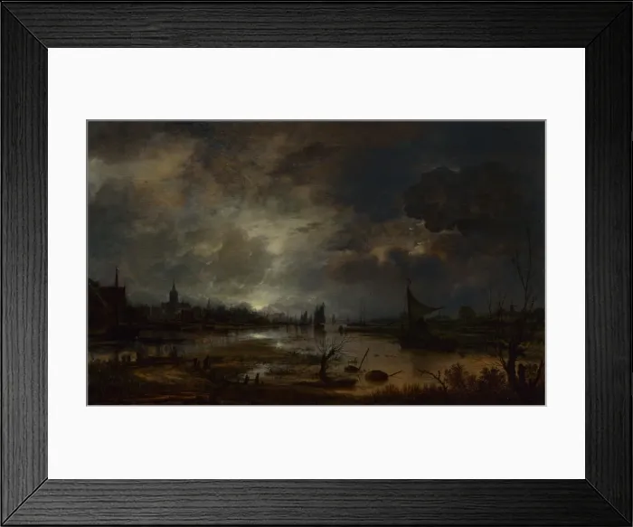 Framed Print : A River near a Town, by Moonlight, c. 1645. Artist: Neer, Aert, van der (1603-1677) Framed Print : A River near a Town, by Moonlight, c. 1645. Artist: Neer, Aert, van der (1603-1677)