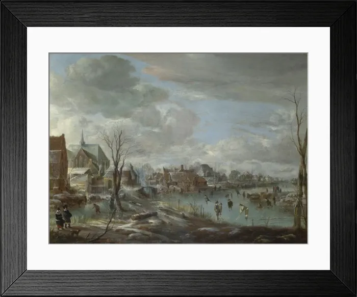 Framed Print : A Frozen River near a Village, with Golfers and Skaters, c. 1647-1648. Artist: Neer, Aert, van der (1603-1677) Framed Print : A Frozen River near a Village, with Golfers and Skaters, c. 1647-1648. Artist: Neer, Aert, van der (1603-1677)