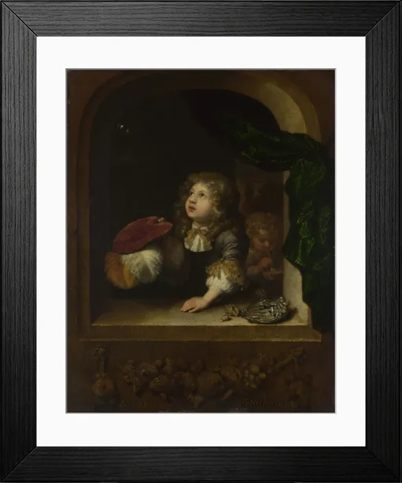 Framed Print : Two Boys blowing Bubbles, c. 1670. Artist: Netscher, Caspar (1639-1684) Framed Print : Two Boys blowing Bubbles, c. 1670. Artist: Netscher, Caspar (1639-1684)