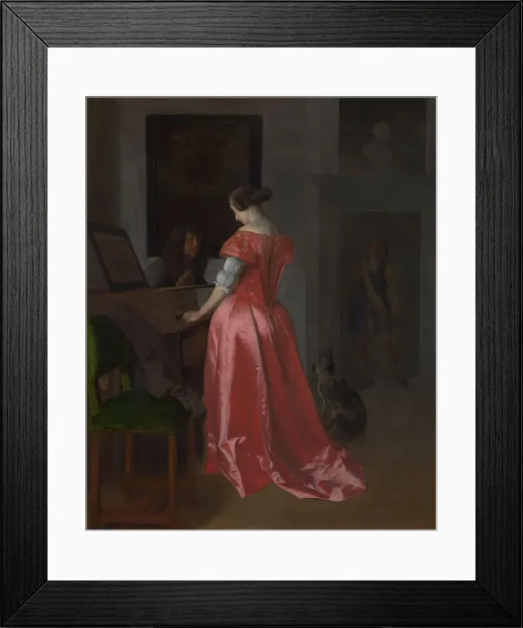 Framed Print : A Woman standing at a Harpsichord, ca 1675. Artist: Ochtervelt, Jacob Lucasz. (1634-1682) Framed Print : A Woman standing at a Harpsichord, ca 1675. Artist: Ochtervelt, Jacob Lucasz. (1634-1682)