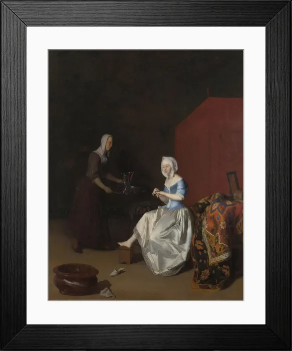 Framed Print : A Young Lady trimming her Fingernails, attended by a Maidservant, c. 1670. Artist: Ochtervelt, Jacob Lucasz. (1634-1682) Framed Print : A Young Lady trimming her Fingernails, attended by a Maidservant, c. 1670. Artist: Ochtervelt, Jacob Lucasz. (1634-1682)