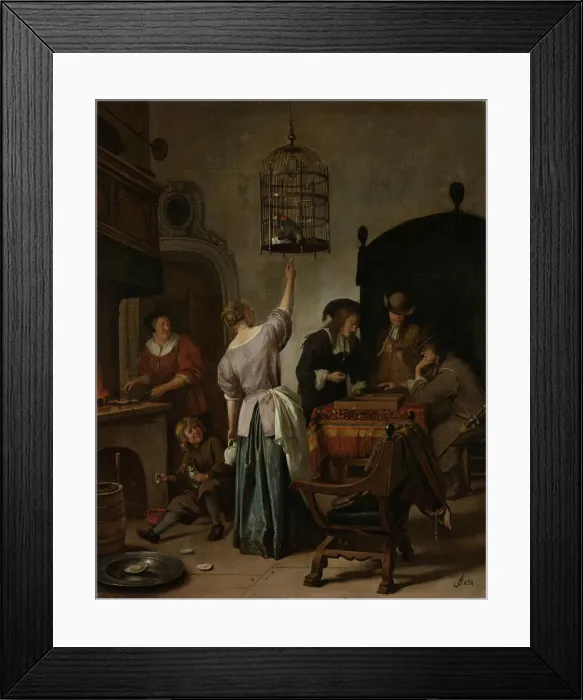 Framed Print : Interior With A Woman Feeding A Parrot Two Men Playing Backgammon And Other Figures (The Parrot Cage), 1670. Artist: Steen, Jan Havicksz (1626-1679) Framed Print : Interior With A Woman Feeding A Parrot Two Men Playing Backgammon And Other Figures (The Parrot Cage), 1670. Artist: Steen, Jan Havicksz (1626-1679)
