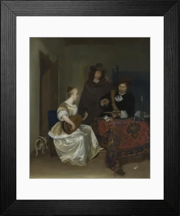 Framed Print : A Woman playing a Theorbo to Two Men, ca 1668. Artist: Ter Borch, Gerard, the Younger (1617-1681) Framed Print : A Woman playing a Theorbo to Two Men, ca 1668. Artist: Ter Borch, Gerard, the Younger (1617-1681)