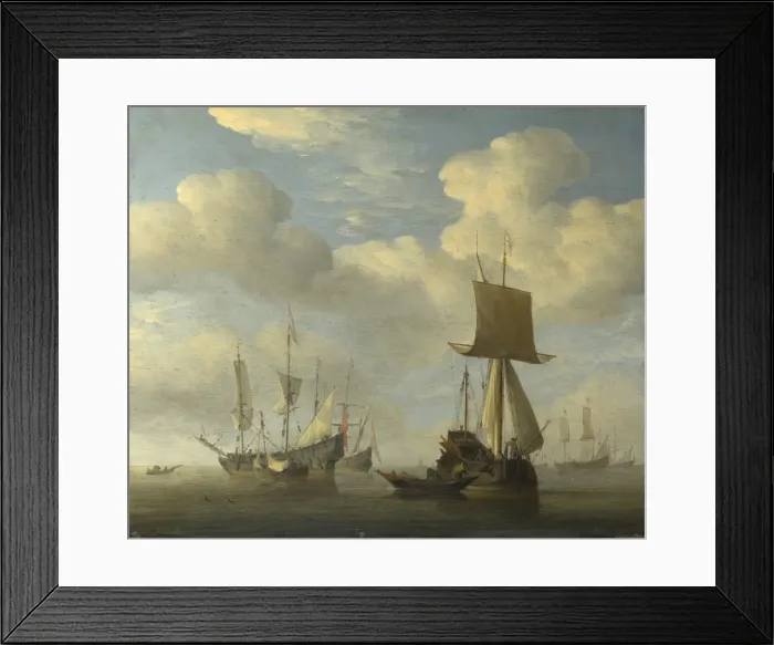Framed Print : An English Vessel and Dutch Ships Becalmed, c. 1660. Artist: Velde, Willem van de, the Younger (1633-1707) Framed Print : An English Vessel and Dutch Ships Becalmed, c. 1660. Artist: Velde, Willem van de, the Younger (1633-1707)