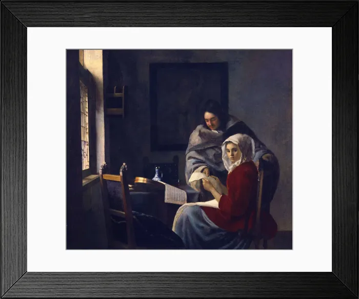 Framed Print : Girl interrupted at her music, c. 1660. Artist: Vermeer, Jan (Johannes) (1632-1675) Framed Print : Girl interrupted at her music, c. 1660. Artist: Vermeer, Jan (Johannes) (1632-1675)