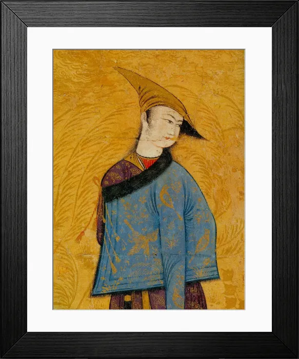 Framed Print : Youth wearing a short fur-lined coat over his shoulder, 1640s. Artist: Muhammad Yusuf (Mid of the 17th cen. ) Framed Print : Youth wearing a short fur-lined coat over his shoulder, 1640s. Artist: Muhammad Yusuf (Mid of the 17th cen. )