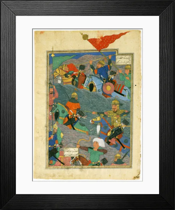 Framed Print : The Battle Between Kay Khusraw and the King of Makran, 1494. Artist: Turkmen Master Framed Print : The Battle Between Kay Khusraw and the King of Makran, 1494. Artist: Turkmen Master
