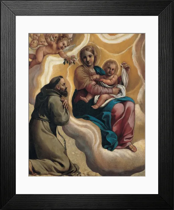 Framed Print : Madonna with the Child and Saint Francis, 1605. Artist: Carracci, Antonio Marziale (1583-1618) Framed Print : Madonna with the Child and Saint Francis, 1605. Artist: Carracci, Antonio Marziale (1583-1618)