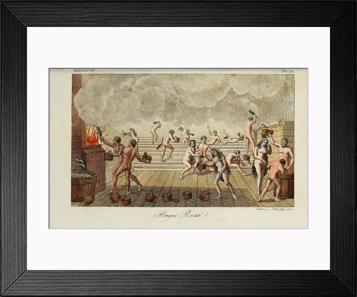 Framed Print : Russian bath. Illustration from Il costume antico e moderno o storia del governo? by Giulio Ferrario, 1831. Artist: Giarre, Luigi (1772-1844) Framed Print : Russian bath. Illustration from Il costume antico e moderno o storia del governo? by Giulio Ferrario, 1831. Artist: Giarre, Luigi (1772-1844)