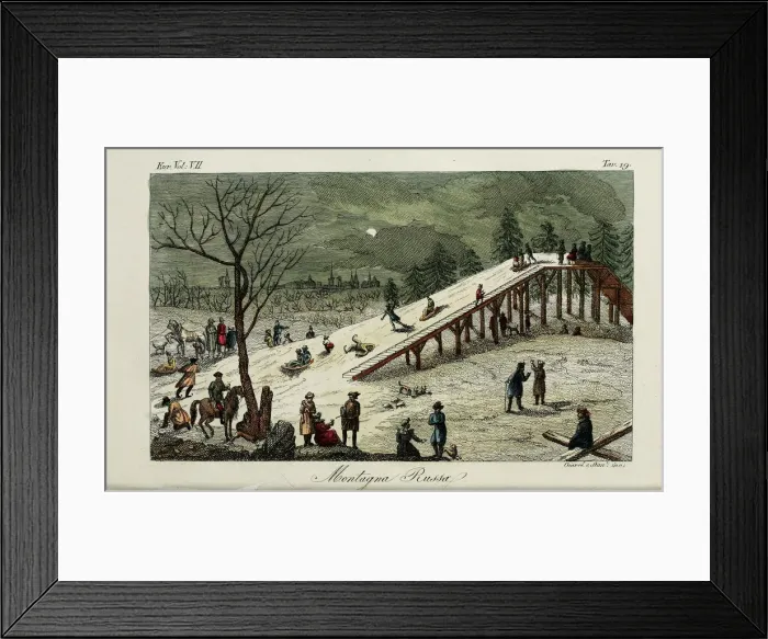 Framed Print : A roller coaster. Illustration from Il costume antico e moderno o storia del governo? by Giulio Ferrario, 1831. Artist: Giarre, Luigi (1772-1844) Framed Print : A roller coaster. Illustration from Il costume antico e moderno o storia del governo? by Giulio Ferrario, 1831. Artist: Giarre, Luigi (1772-1844)