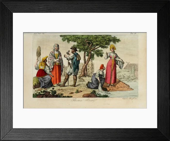 Framed Print : Russian Peasants. Illustration from Il costume antico e moderno o storia del governo? by Giulio Ferrario, 1831. Artist: Giarre, Luigi (1772-1844)