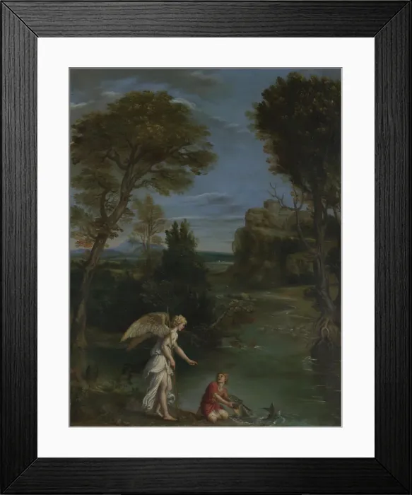 Framed Print : Landscape with Tobias laying hold of the Fish, c. 1612. Artist: Domenichino (1581-1641) Framed Print : Landscape with Tobias laying hold of the Fish, c. 1612. Artist: Domenichino (1581-1641)