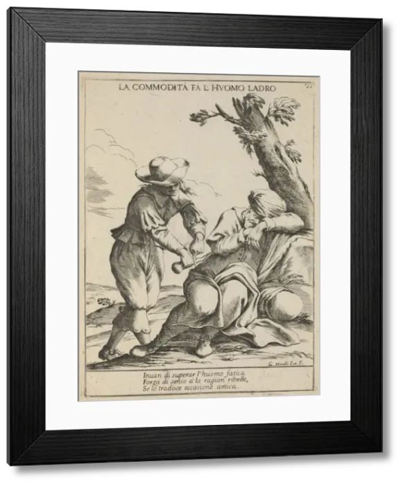 Framed Print : Opportunity makes a thief. (La commodita fa l uomo ladro), 1678. Artist: Mitelli, Giuseppe Maria (1634-1718) Framed Print : Opportunity makes a thief. (La commodita fa l uomo ladro), 1678. Artist: Mitelli, Giuseppe Maria (1634-1718)