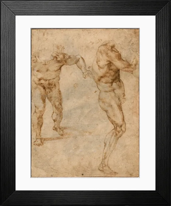 Framed Print : Two Nude Studies of a Man Storming Forward and Another Turning to the Right, c. 1504. Artist: Buonarroti, Michelangelo (1475-1564) Framed Print : Two Nude Studies of a Man Storming Forward and Another Turning to the Right, c. 1504. Artist: Buonarroti, Michelangelo (1475-1564)