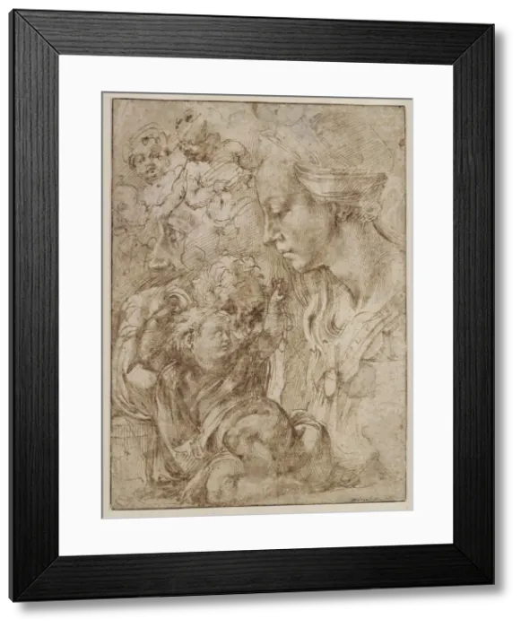 Framed Print : Studies for a Holy Family with John the Baptist as Child, 1505. Artist: Buonarroti, Michelangelo (1475-1564) Framed Print : Studies for a Holy Family with John the Baptist as Child, 1505. Artist: Buonarroti, Michelangelo (1475-1564)
