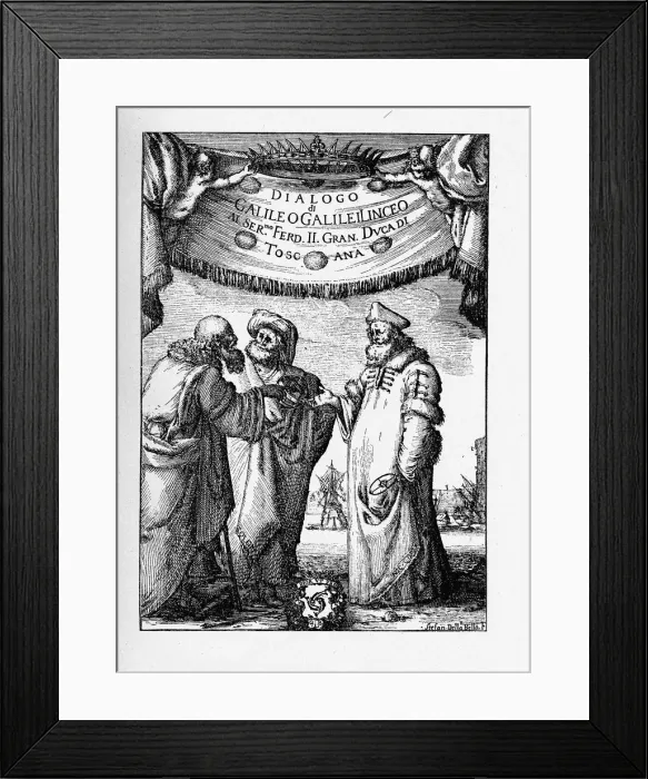 Framed Print : Frontispiece of the Dialogue Concerning the Two Chief World Systems by Galileo Galilei, 1632. Artist: Della Bella, Stefano (1610-1664) Framed Print : Frontispiece of the Dialogue Concerning the Two Chief World Systems by Galileo Galilei, 1632. Artist: Della Bella, Stefano (1610-1664)