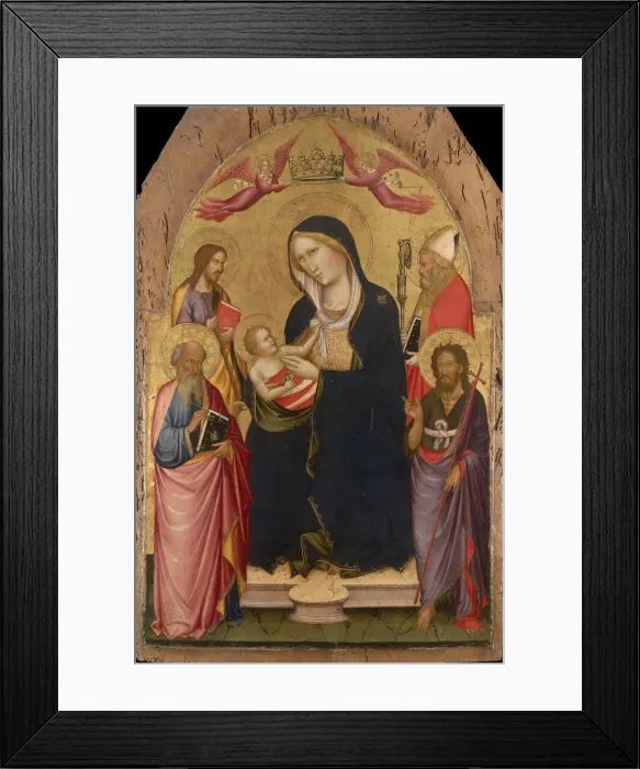 Framed Print : Madonna and Child with Saints John the Evangelist, John the Baptist, James of Compostela and Nicholas of Bari, ca 1390. Artist: Gaddi, Agnolo (1350-1396) Framed Print : Madonna and Child with Saints John the Evangelist, John the Baptist, James of Compostela and Nicholas of Bari, ca 1390. Artist: Gaddi, Agnolo (1350-1396)