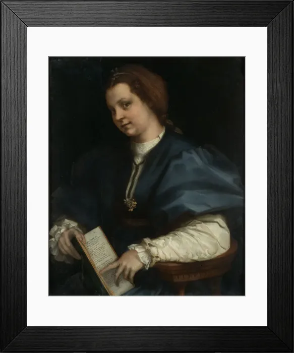 Framed Print : Lady with a book of Petrarchs rhyme, 1528. Artist: Andrea del Sarto (1486-1531) Framed Print : Lady with a book of Petrarchs rhyme, 1528. Artist: Andrea del Sarto (1486-1531)